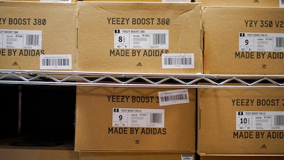 Boxes containing Yeezy shoes made by Adidas are seen at Laced Up, a sneaker resale store, in Paramus, N.J., Tuesday, Oct. 25, 2022.